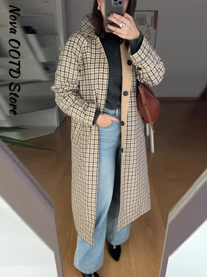 Fashion Reversible Plaid Long Trench Coat Women Single Breasted Long Windbreaker 2026 Spring Lady Classic Street Outwear 260924 - view 6
