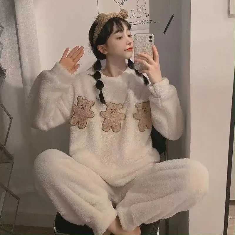 Women's Sleep Lounge 2pcs/Set Women's Pajamas Winter Facecloth Long-Sleeved Padded And Thickened Warm Student Pajamas Homewear Suit Bear Gir - view 5