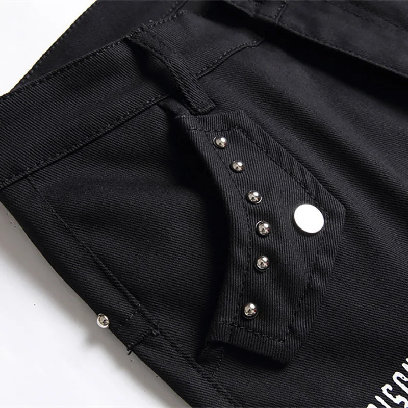 Men's Scotland Red Plaid Tartan Patchwork Jeans Punk Rivet Patch Black Denim Pants Skull Letters Printed Slim Straight Trousers 260923 - view 4