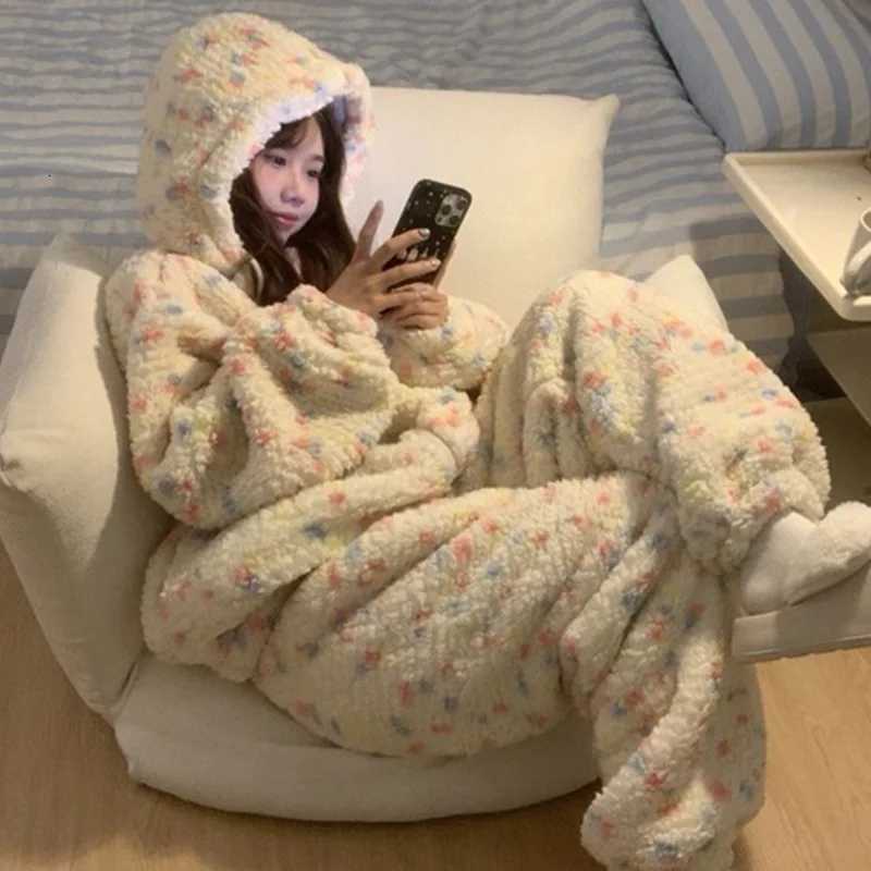 Lounge Women's Sleep Thickened Winter Pajamas Onesie Coral Fleece Hooded Sleepwear for Cute Girls Home Clothes Outdoor Cartoon Print Warm Homewea - view 5