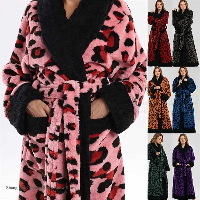 Sleep Lounge Women's Pink Leopard Coral Fleece Long Robe Kimono Bathrobe Gown Autumn Winter Thicken Warm Sleepwear Home Dress Loose Loungewear Pa - view 3