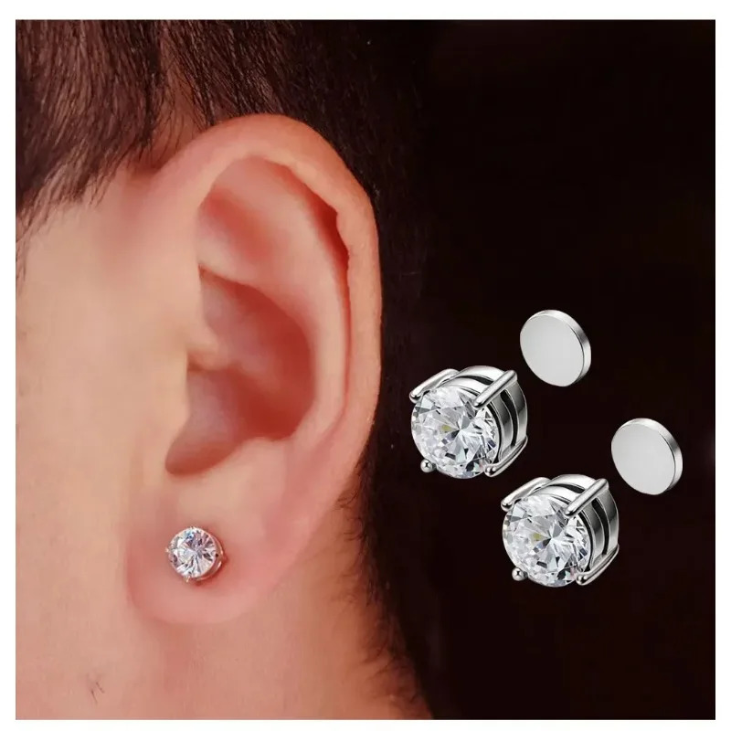 1Pairs Crystal Strong Magnetic Ear Stud Clip Earrings for Men Women Punk Round Zircon Magnet Non Piercing Jewelry 260910 - view 6