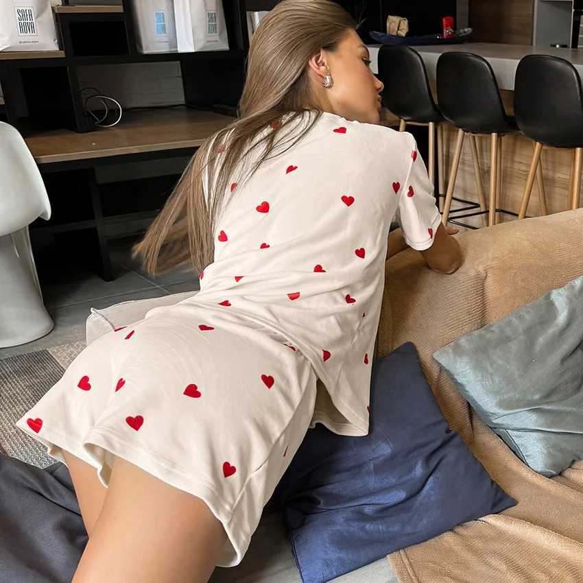 Women's Sleep Lounge American-Style New Women's Heart Print Knitted Fashion Soft Short-Sleeved Shorts Loungewear Set for Home Wear Summer At - view 5
