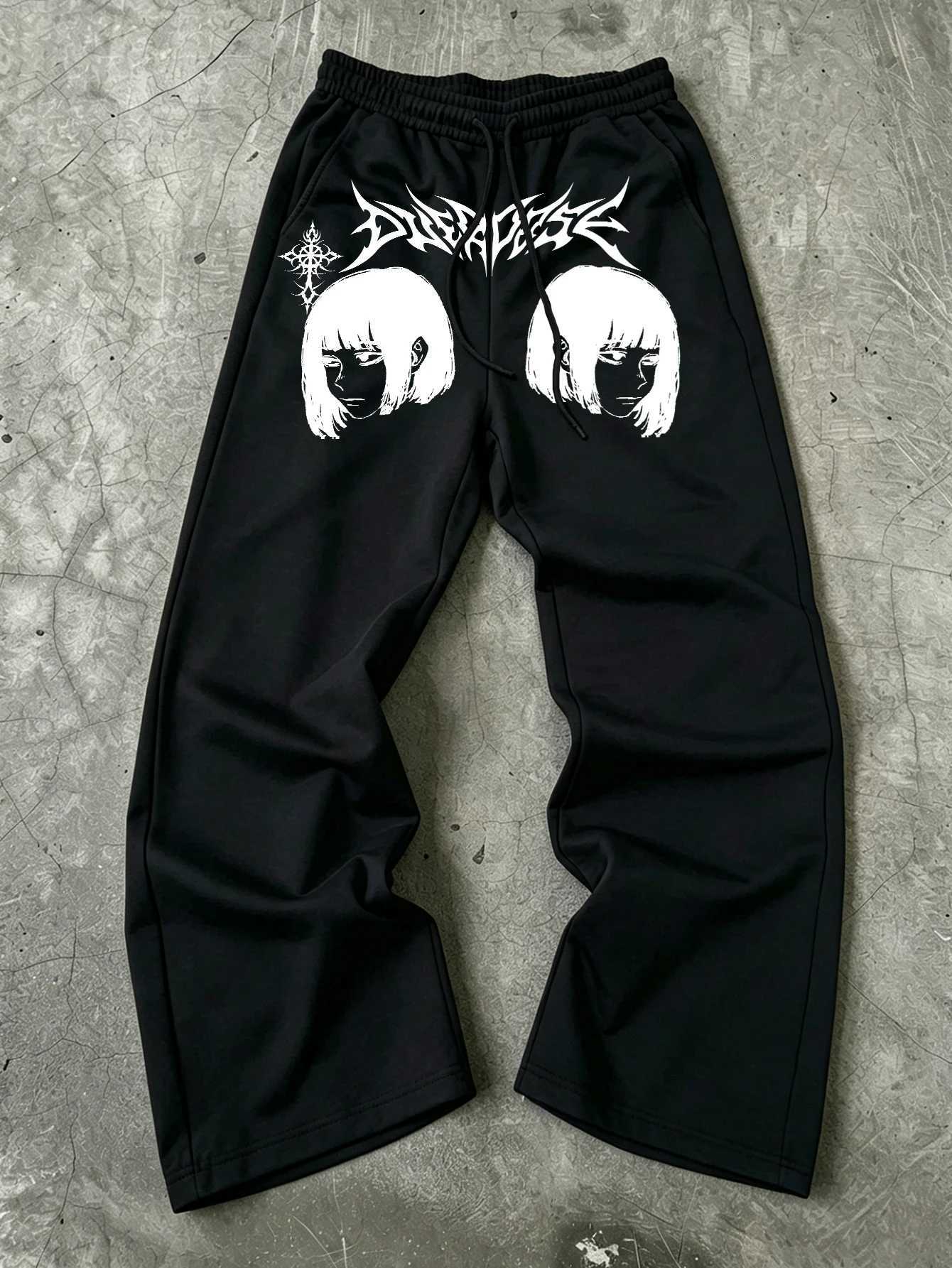 Men's Pants Men Wide Leg Jogger Pants Dark Anime Graphic Blackmetal Spike Letter Symmetrical DualSide Print dr1 BaggyY2KPunk D260924 - view 7
