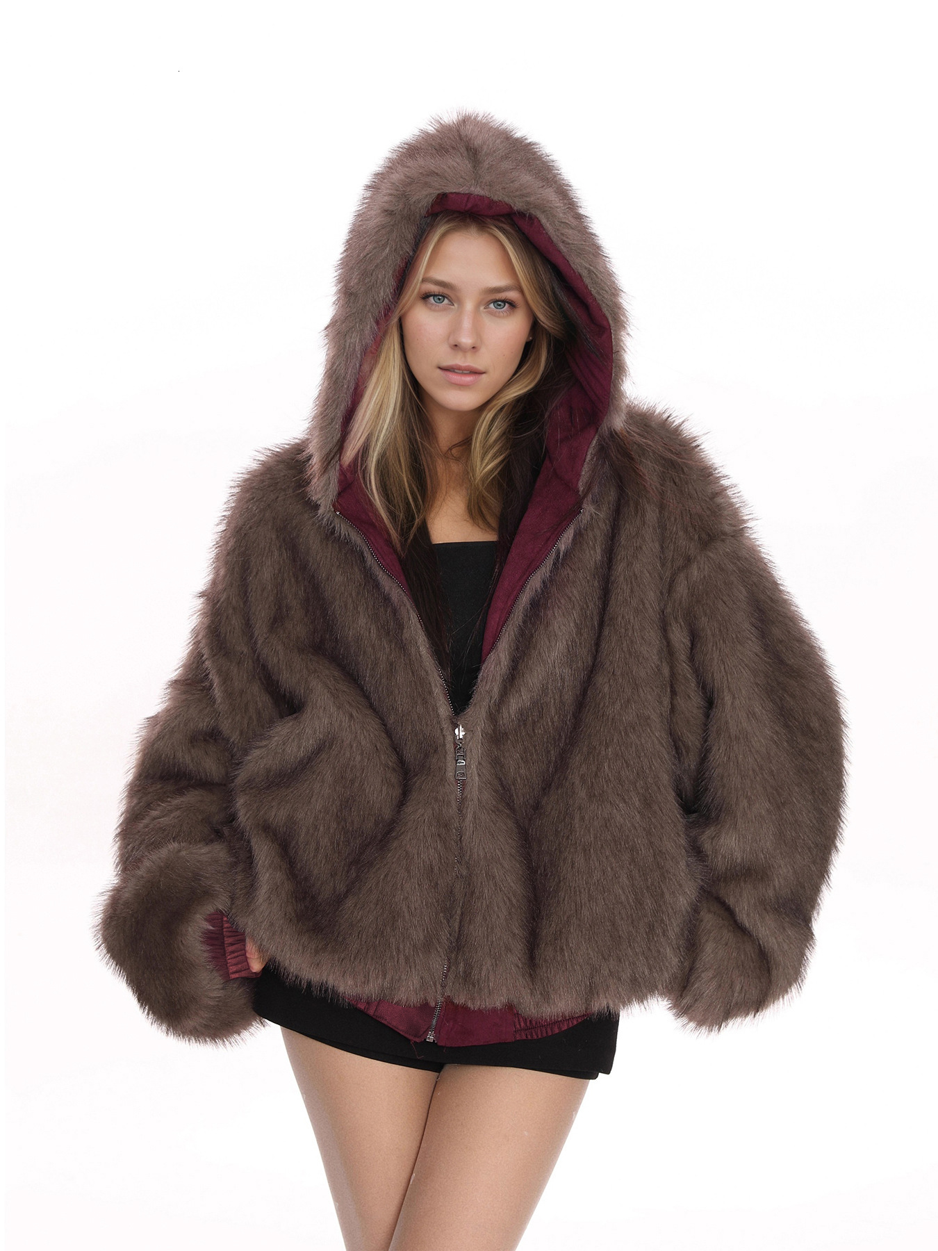 European and American cross-border e-commerce bestseller: ice-blue dyed, pointed-toe, mountain-style suede hooded reversible faux fur jacket for women