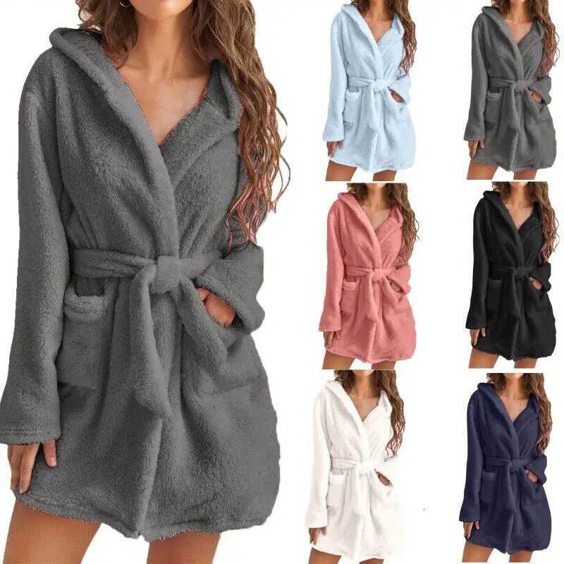 Sleep Lounge Women's Women Winter Fluffy Bath Robe Ladies Hooded Dressing Gown Thick Warm Bathrobe Pyjamas Coral Fleece Long Nightgown SleepwearC - view 3