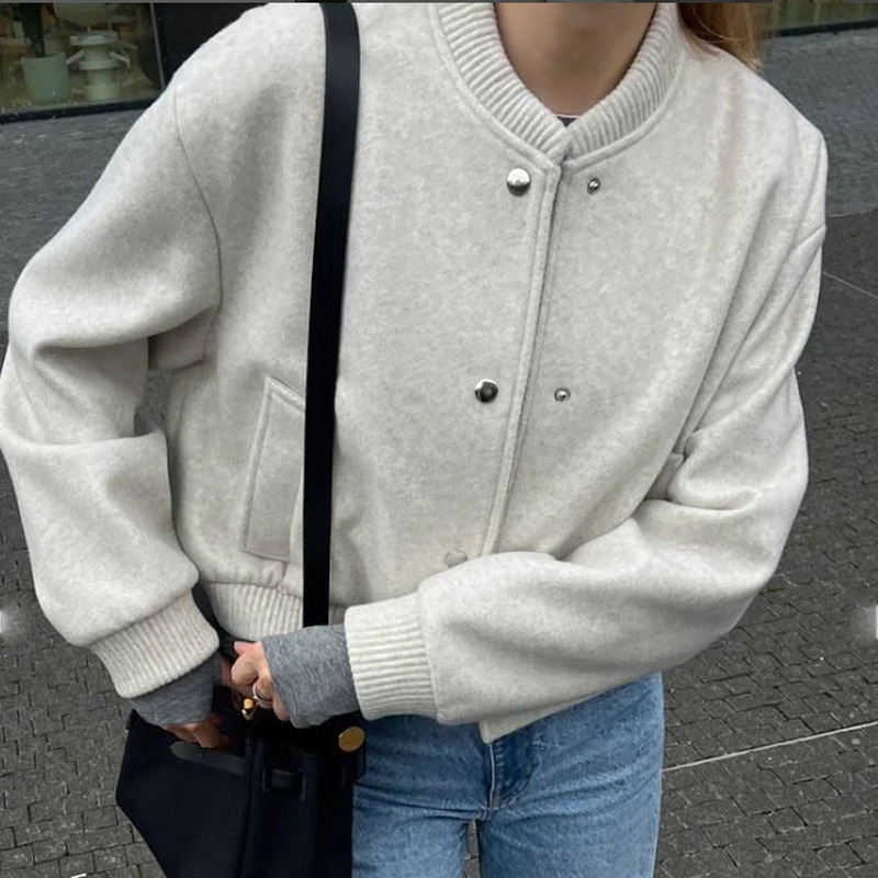 HXAO DemiSeason Women's Bomber Jacket Faux Wool Coats Cropped Long Sleeve Woman Outerwear Button 260920 - view 6