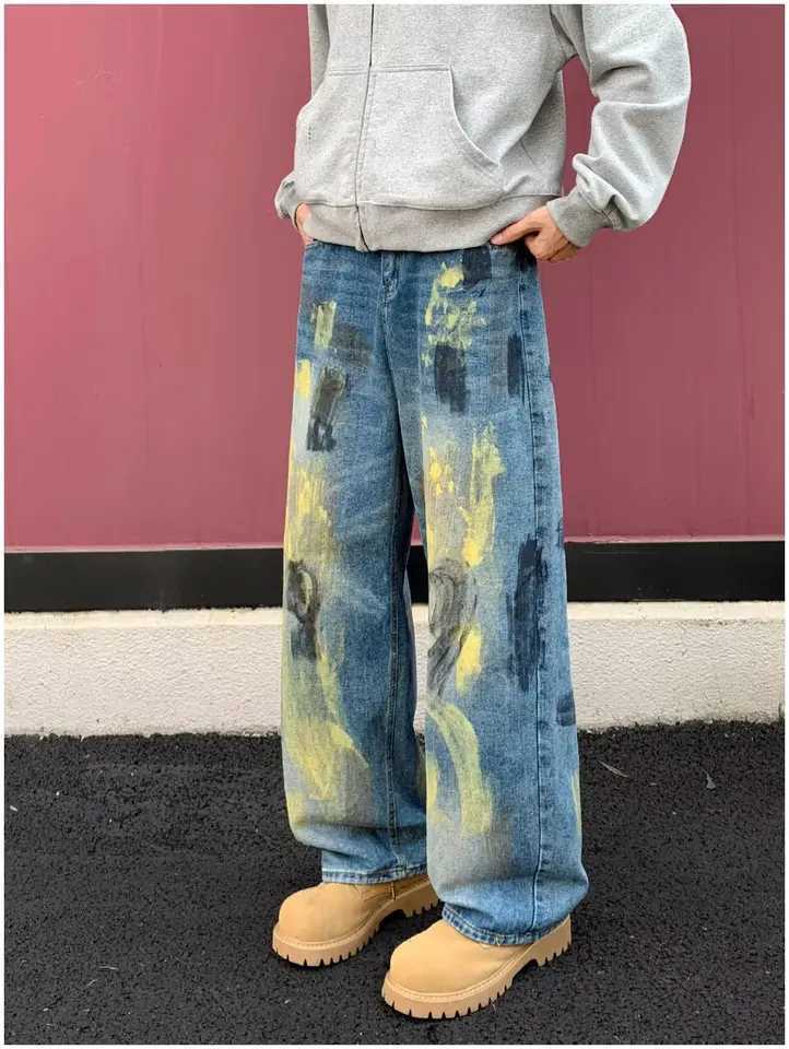 Men's Jeans American Retro Distressed Tie Dye Wide Leg Jeans Men's Loose Floor-Length Straight Cut Denim Pants Vintage American Hip Hop H260 - view 3
