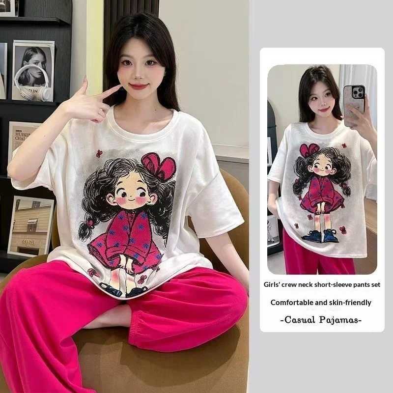 Women's Sleep Lounge Summer New Women's Short Sleeved Sleepwear Home Suit Set Cartoon Pullover Loose Lazy Style Sleepwear Home Suit Two-Piec - view 3