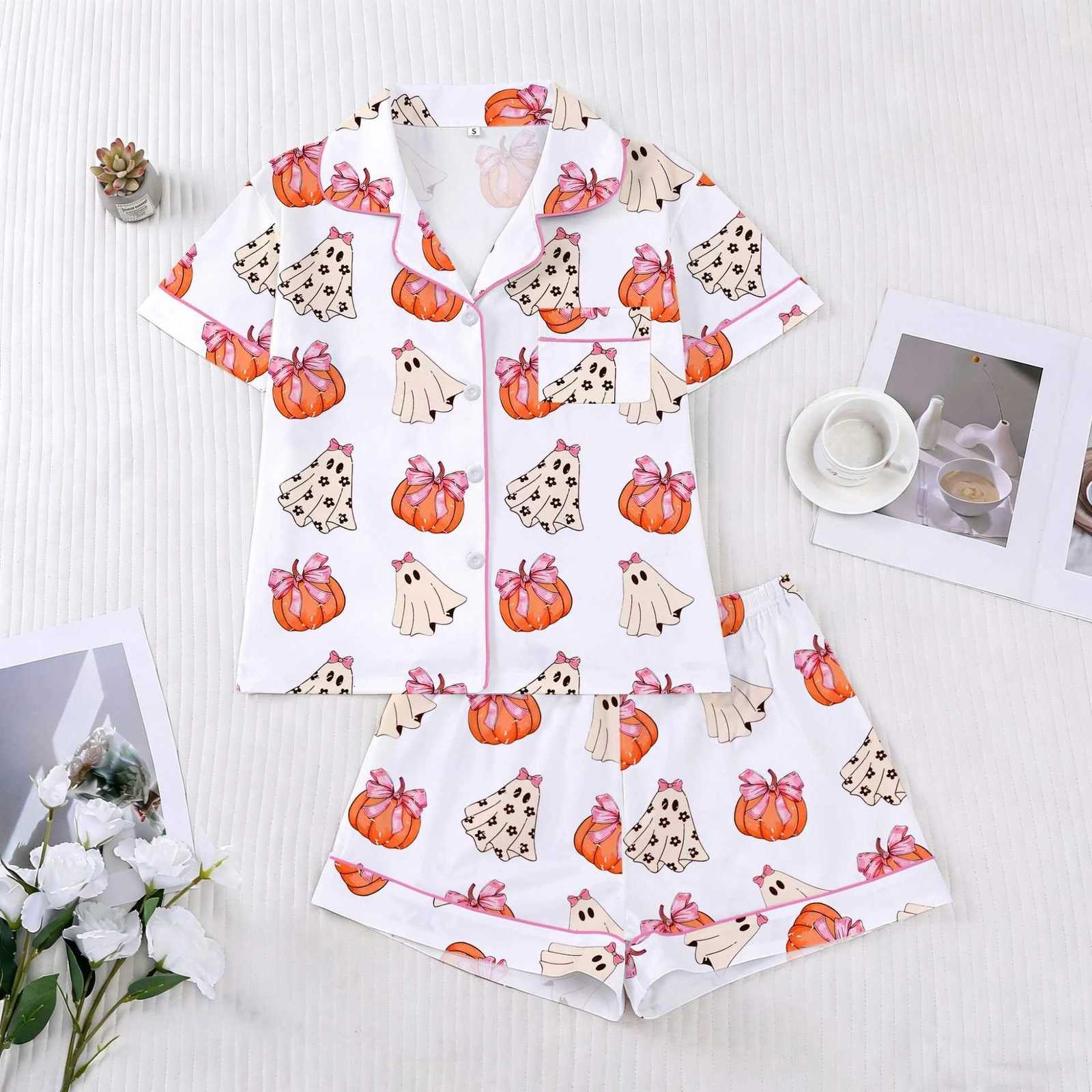 Women's Sleep Lounge Women's Sleepwear Halloween Print Pajamas Set Collar Short Sleeved Shirt With Shorts Home Suit Set Loungewear Set Pyjam - view 4