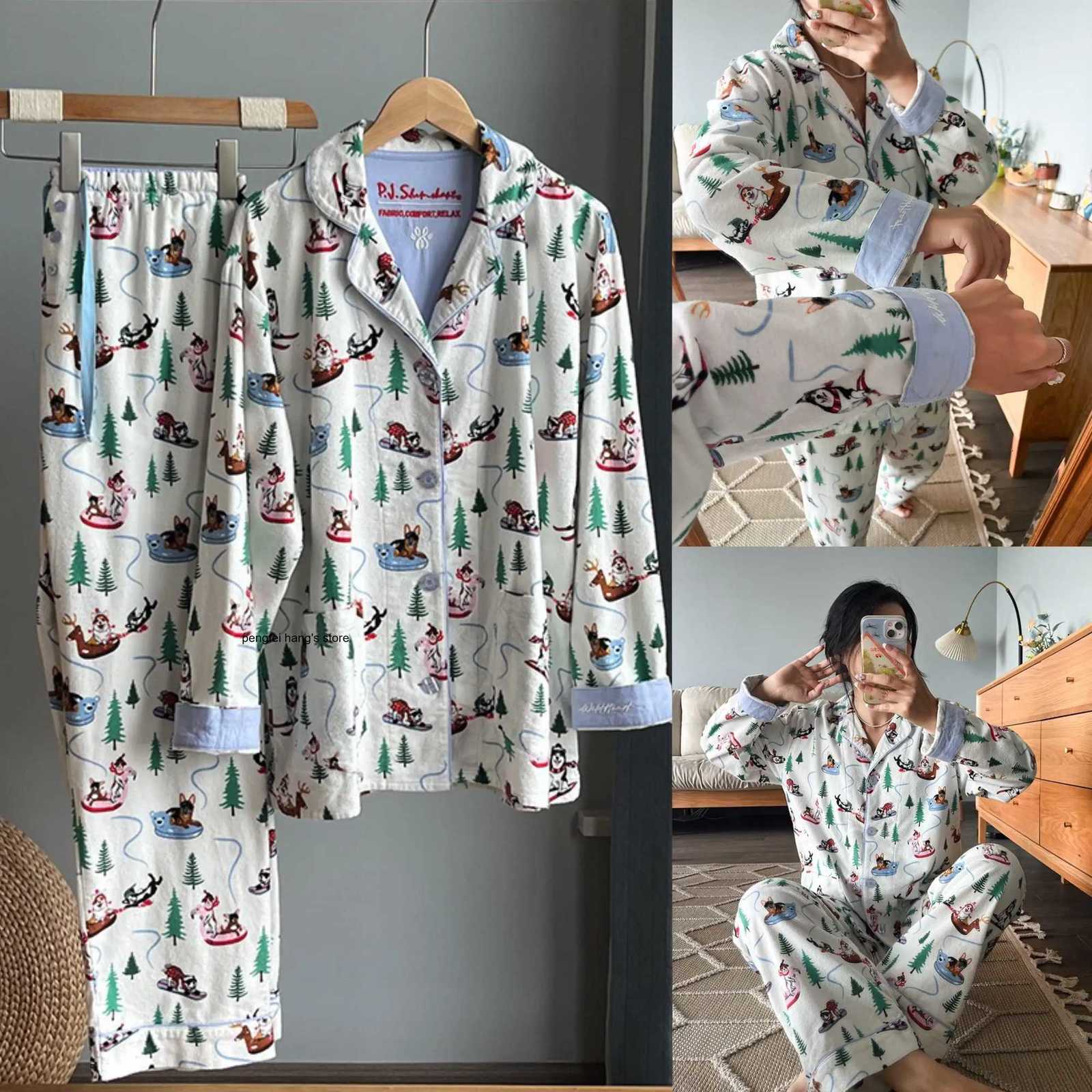 Women's Sleep Lounge Women's 2Pcs Cartoon Print Cotton Pajama Set Long Sleeve Brushed Top Long Pants Spring Autumn Loungewear Homewear H2609 - view 3