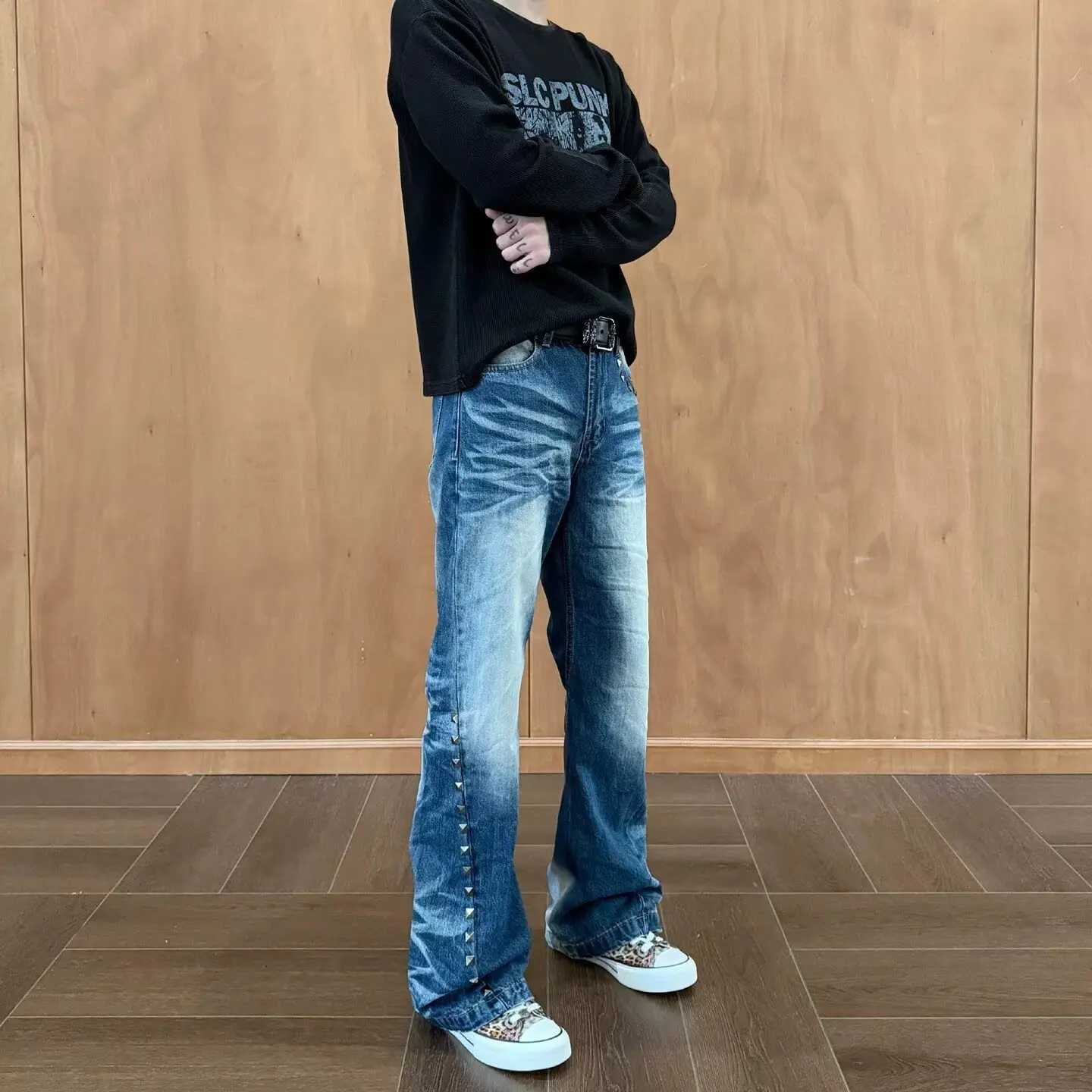 Men's Jeans Y2K Vintage Washed Rivet Denim Jeans For Men 2026 Autumn American Casual Fashion High Street Male Blue Retro Denim Pants H260924 - view 6