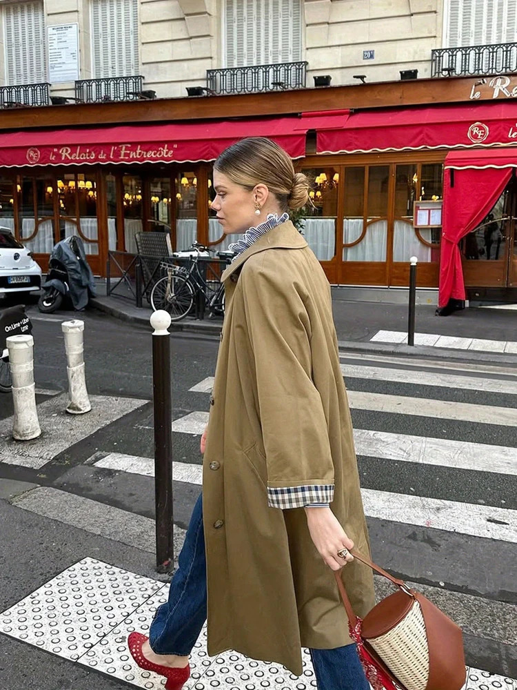 Autumn/Winter Fashion Outerwear Women's Check Print Front-Buttoned Casual Long-Sleeved Mid-Length Trench Coat Arrival 260922 - view 7