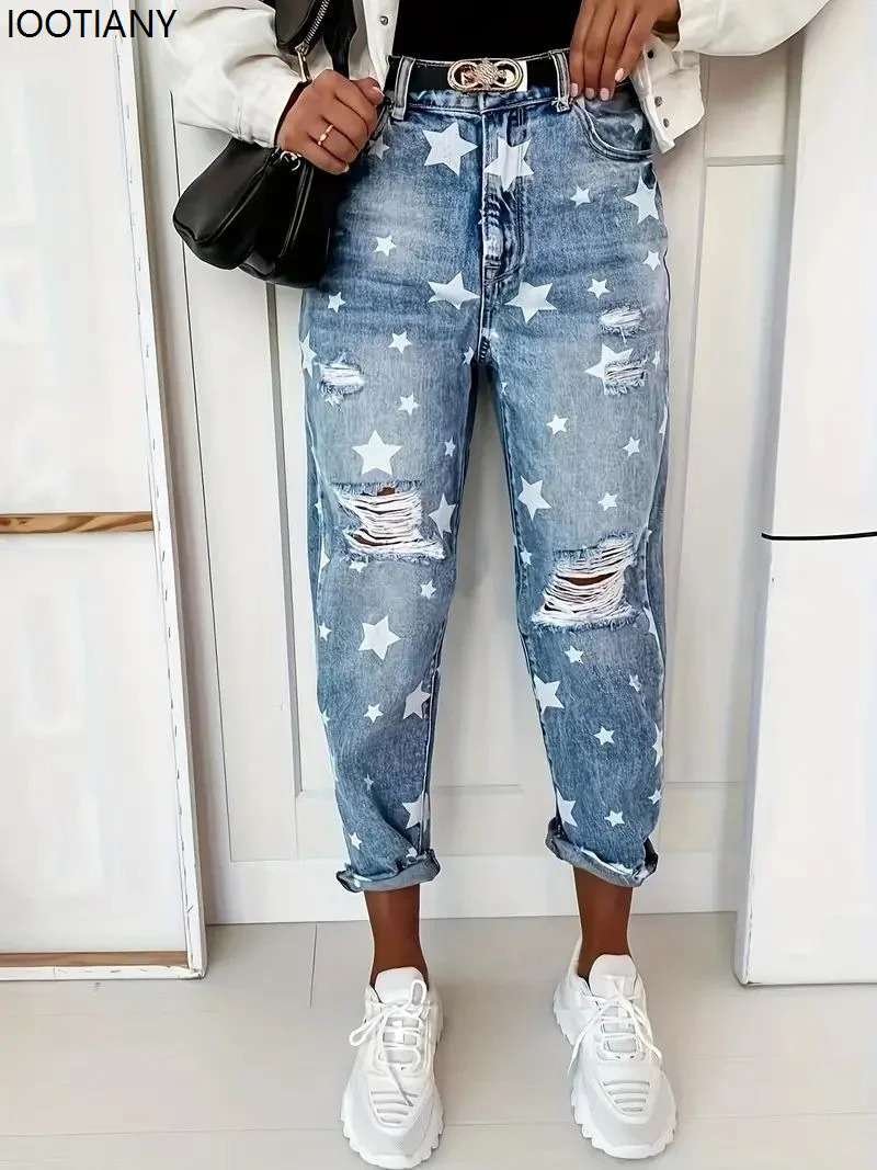 Boyfriend Jean's Slim Fit Ripped Fashion Fivepointed Star Street Casual Blue 2025 260910 - view 4