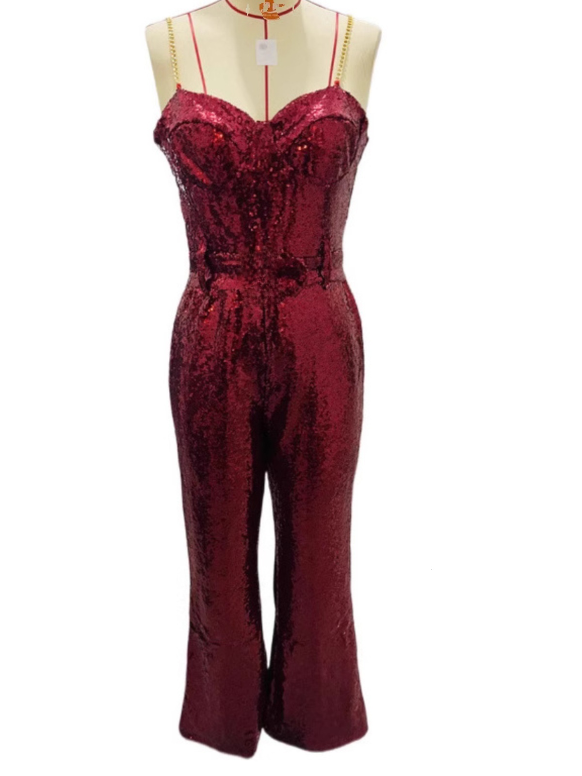 Sexy Fashion Chain Belt Shiny Sequin Dress Jumpsuit Women High Waist Long Pants Polyester Fiber Commute Style Spring Season - view 5