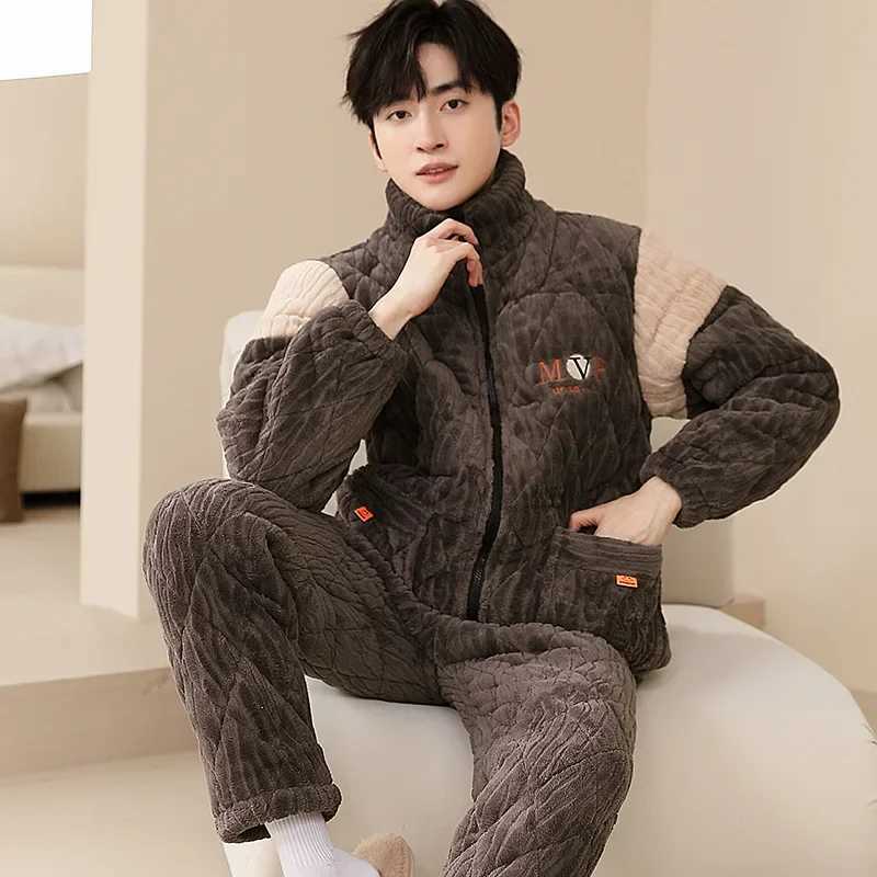 Sleep Lounge Women's Korean Winter Thicken Warm Home Clothes Zipper Cardigan Pajamas Set Men Home Clothes Big Size XL-3XL Coral Fleece Pyjamas Ho