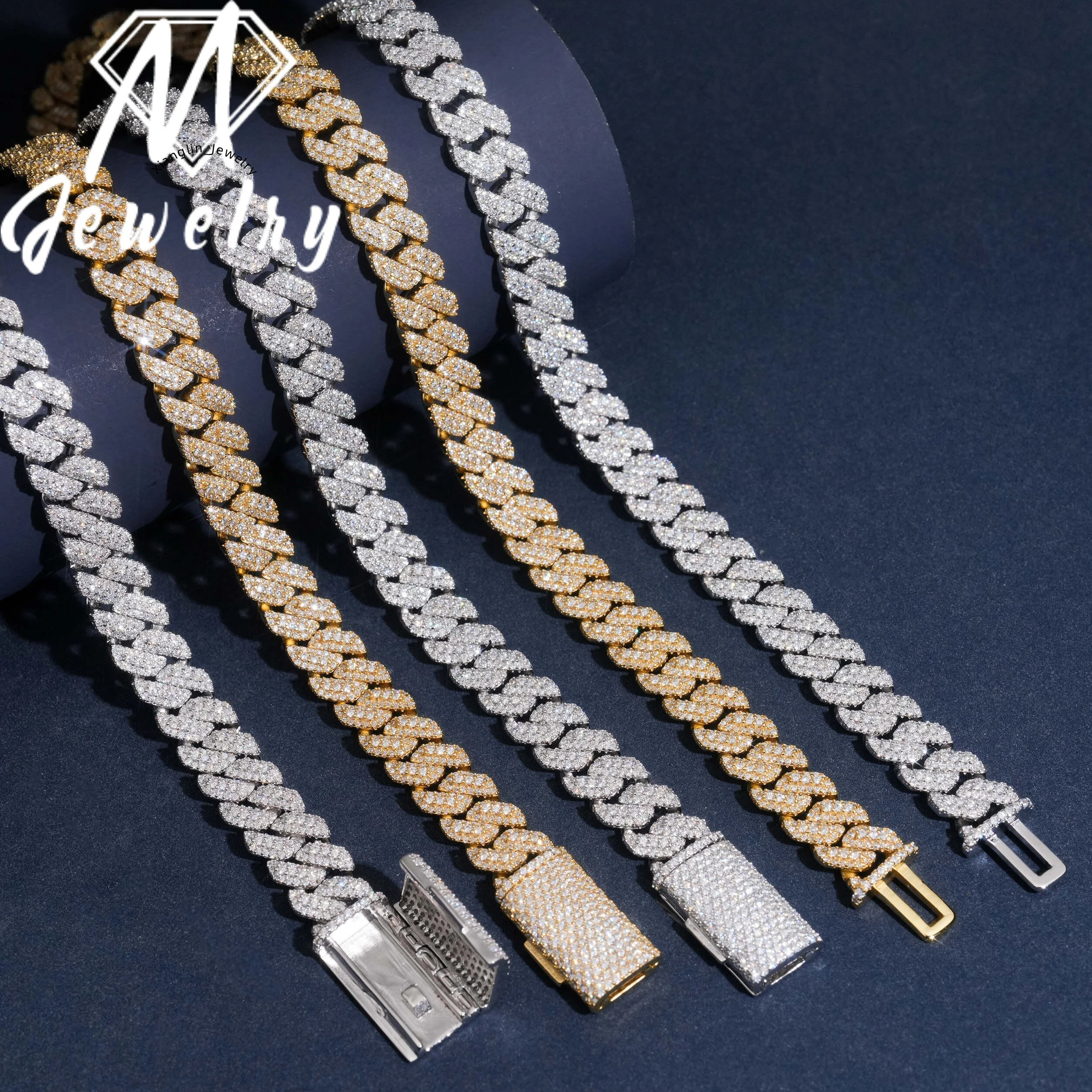 Wholesale 10mm Copper Moissanite Cuban Link Chain Iced Out Full Paved VVS Moissanite Necklace Box Clasp with Safety Latch Unisex