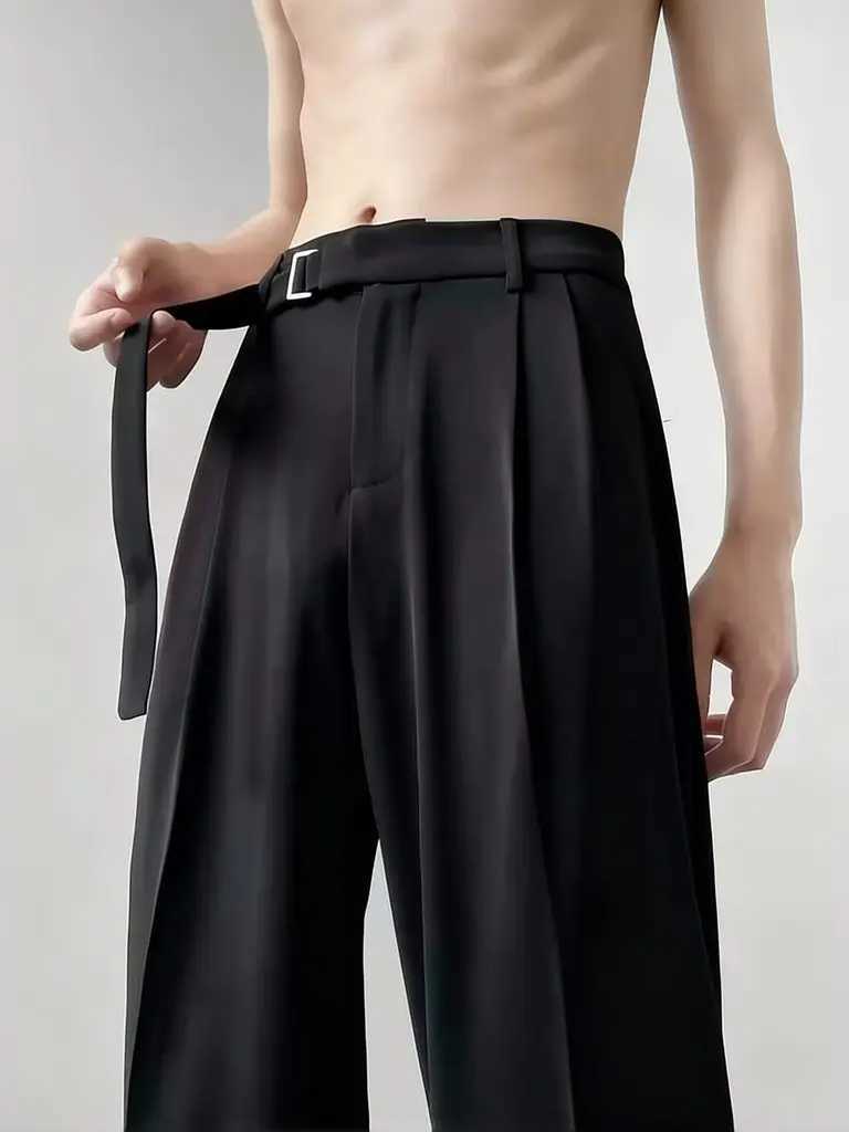 Men's Pants Brown Korean Wide leg Casual Pants With Belted Men Streetwear Oversize Baggy Pants Harajuku Cool Black Work wear Suit Pants D260924 - view 6
