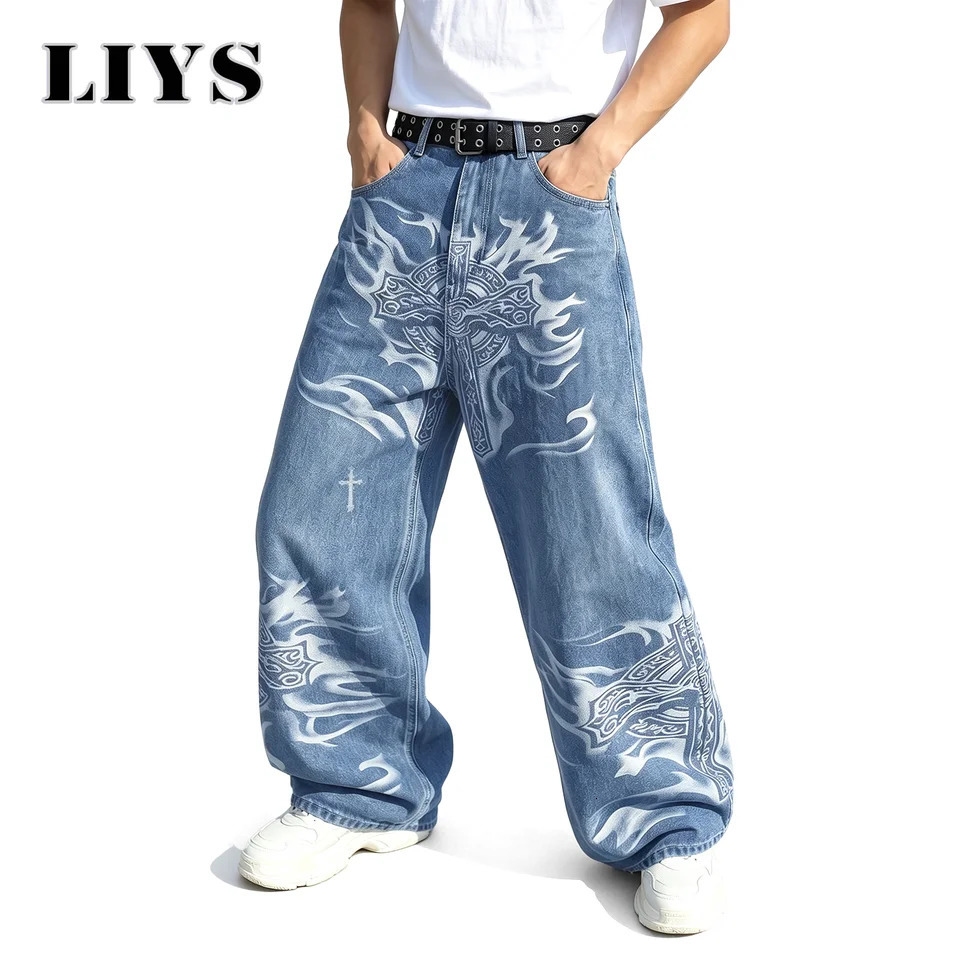 LIYS Men's Y2K Gothic Graffiti Print Baggy Ultra Wide Leg Jeans Hip Hop Streetwear Loose Casual Skater Denim Pants Unisex 260923 - view 4