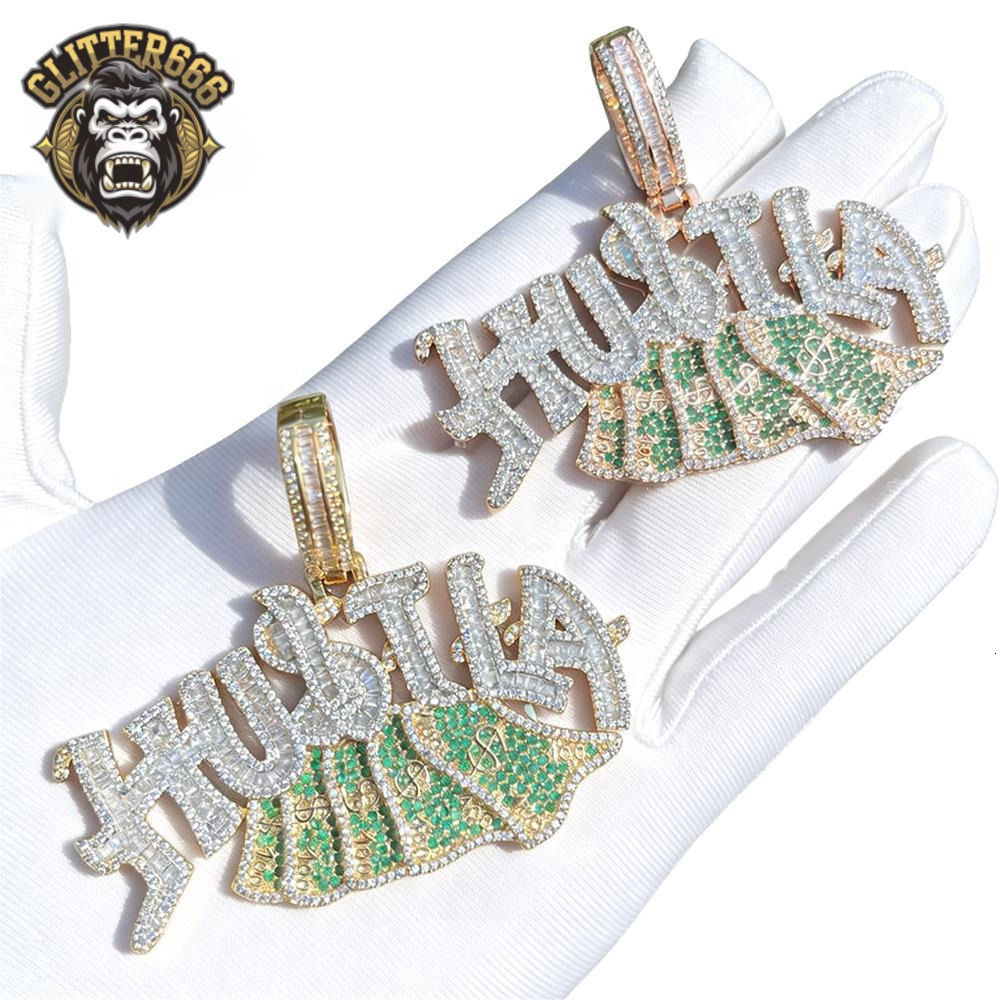 Hip Hop Hustle Dollar Pendant Necklace Men's and Women's Letter Pendant Inlaid with Moissanite RealGold Plated Trendy Jewelry