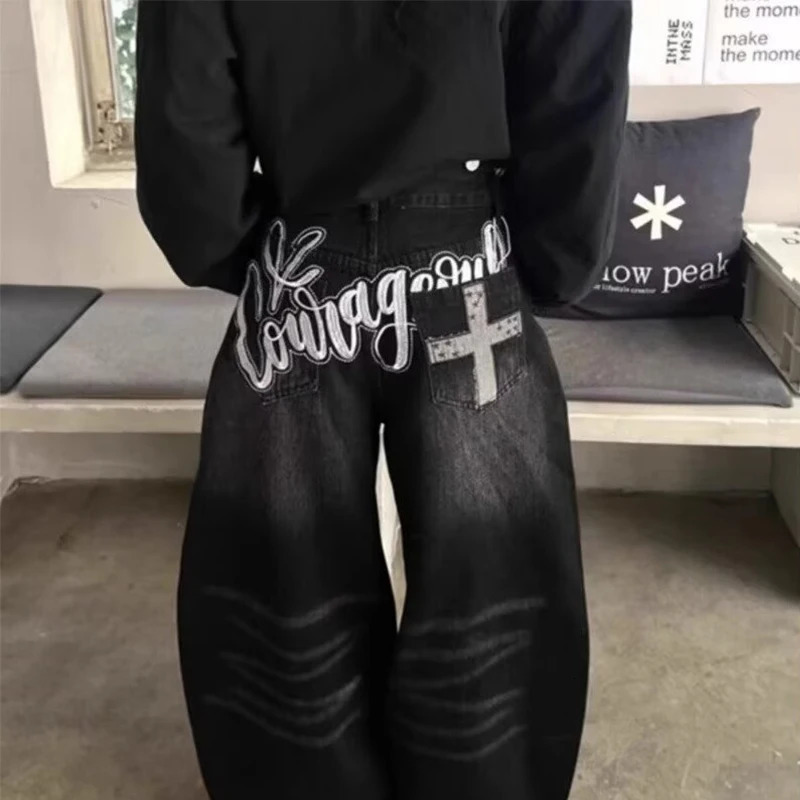 Goth Letter Printed Black Curved Denim Trousers For Men Y2K Vintage Streetwear Straight Jeans Hip Hop Fashion Baggy Jean Pants 260923 - view 7