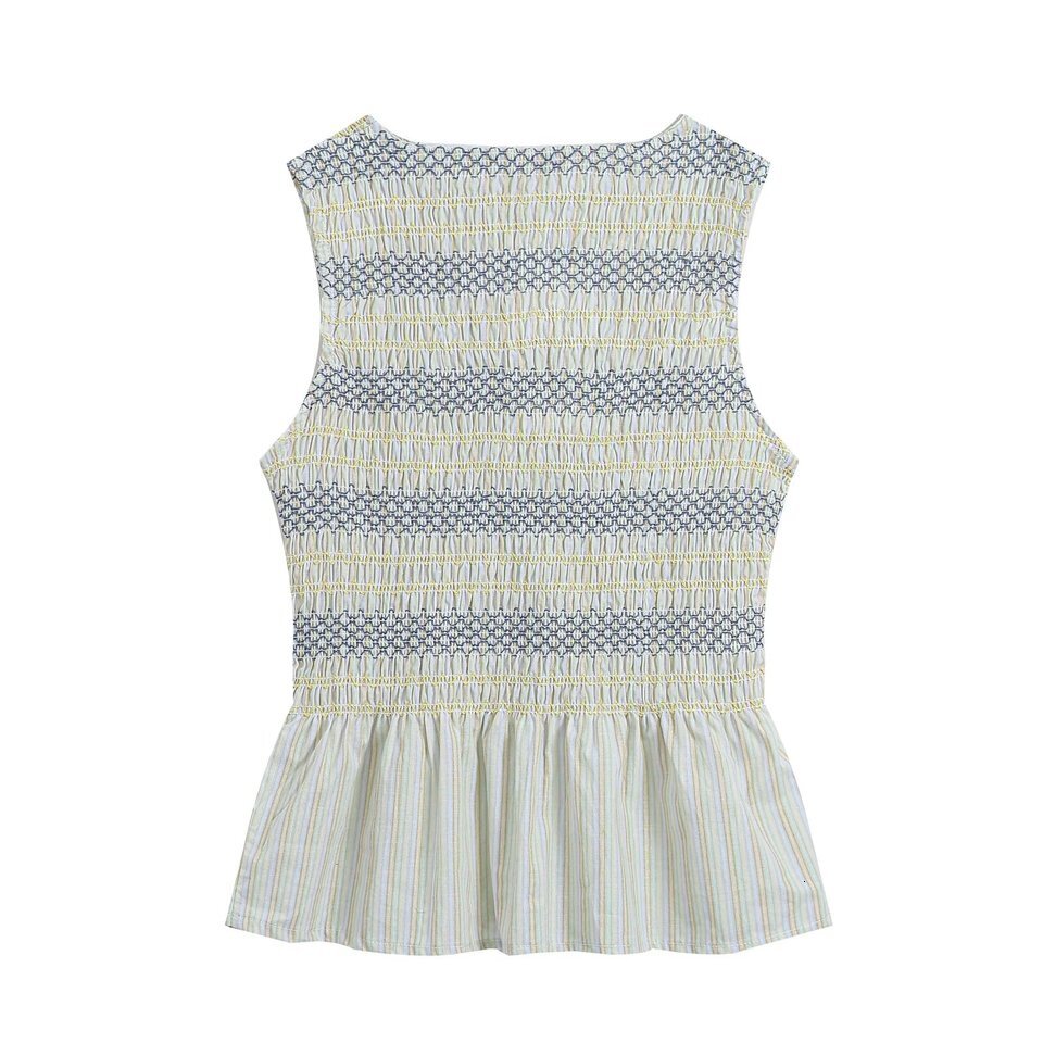 Summer New Women's Minimalist Style Button round Neck Sleeveless Honeycomb Pattern Embroidery Top Polyester Fiber Short Length - view 3