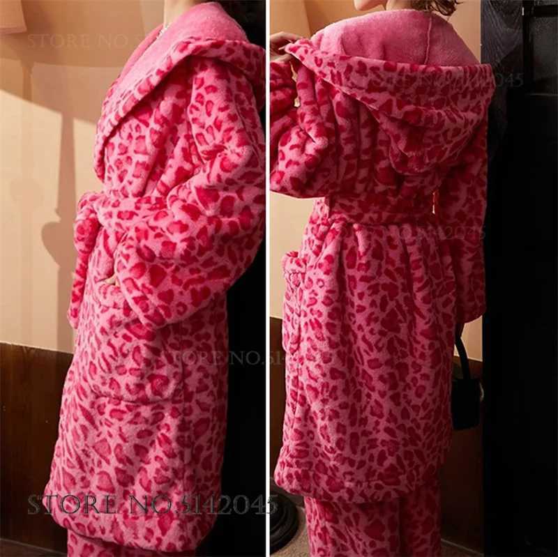 Sleep Lounge Women's Thicken Flannel Hooded Long Robe Pajamas Set Winter Women's Sleepwear Trouser Suits Sexy Leopard Coral Fleece Bathrobe  - view 3