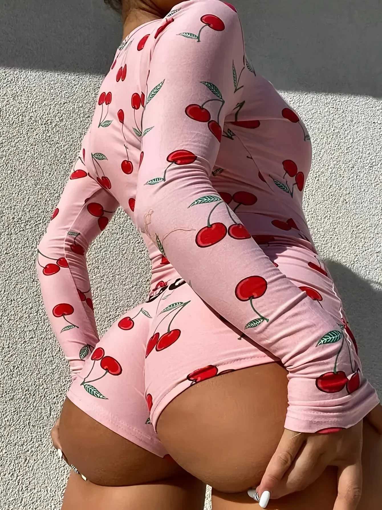 Women's Sleep Lounge Casual Cherry Print V-neck Front Button Onesies Women's Bodysuit Pajamas Sexy Long Sleeve Slim Fit Jumpsuit Sleepwear H - view 4