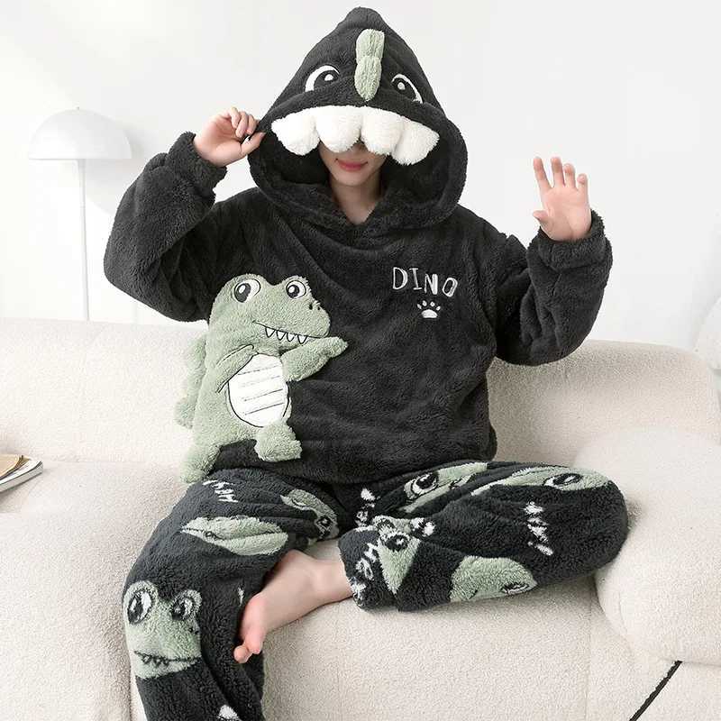 Lounge Women's Sleep Cute Fleece Pajamas For Men Thick Plush Hooded Pyjamas Winter Male Sleepwear Coral Velvet Warm Flannel Home Pants Clothes Pi