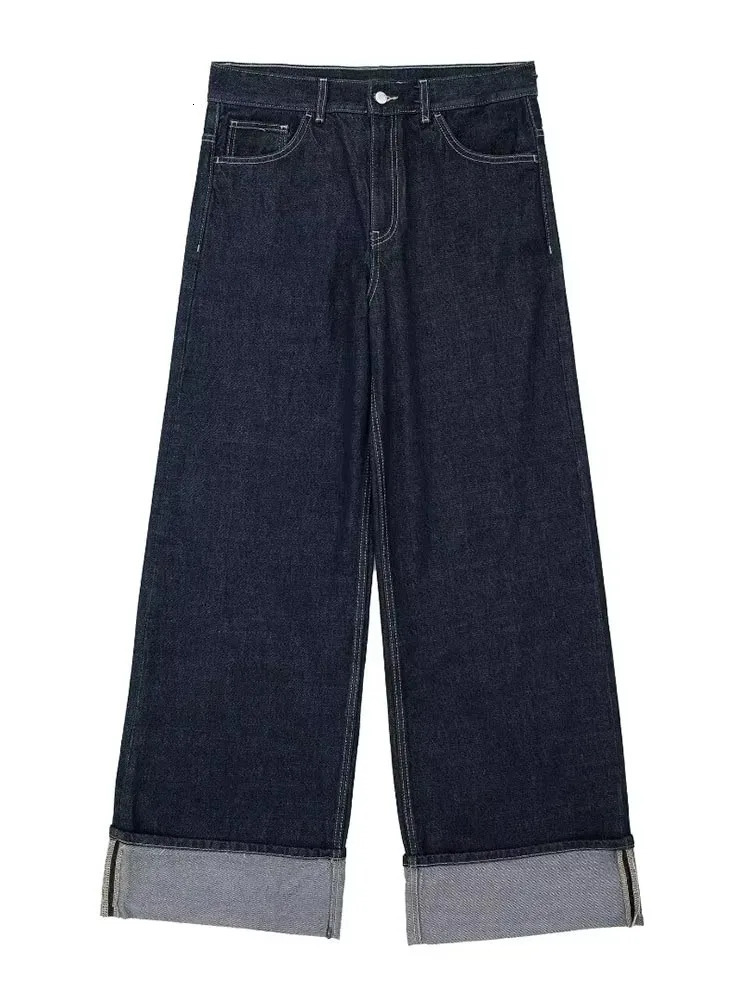 HH Women Fashion High Street Jeans Denim Dark Blue Waist Zipper Fly Rolled Leg Trouser Loose Casual Wide Pant 260928