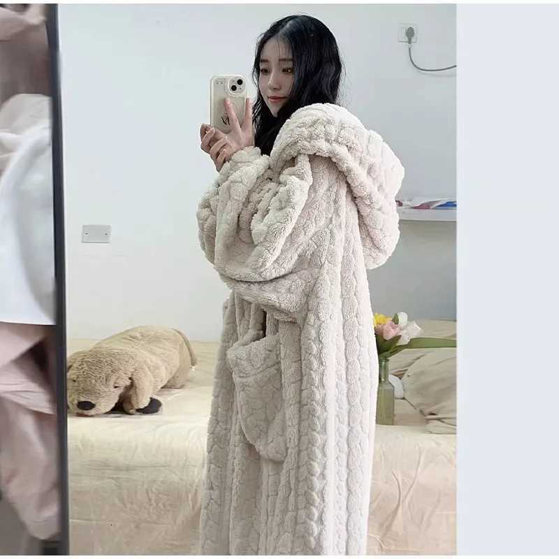 Lounge Women's Sleep Coral Velvet Jacquard Pajamas for Women Winterized Thick Warm Flannel Robe Cozy Soft Fleece Nightgown for Winter Home Sleepw - view 3