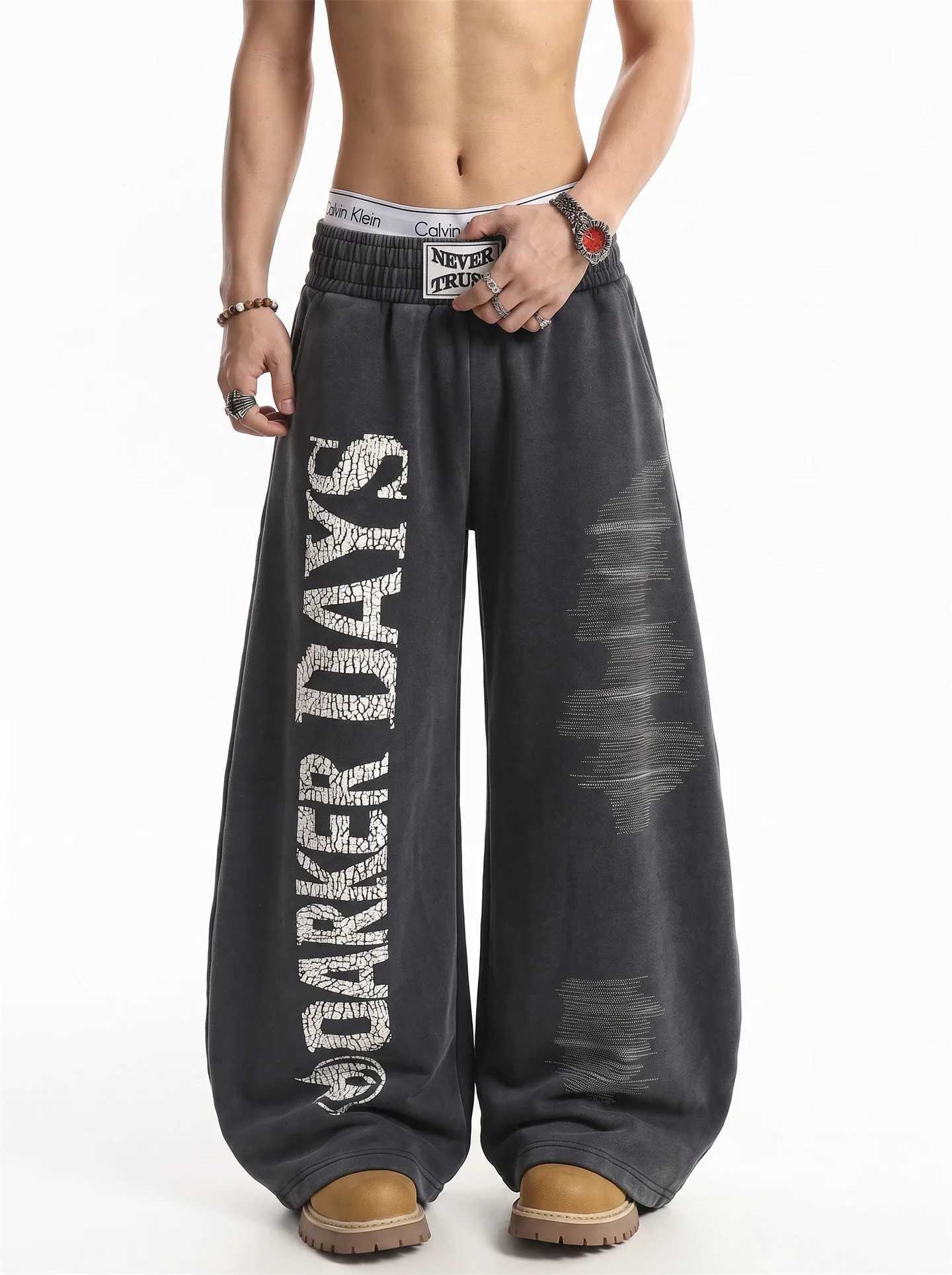 Men's Jeans Retro American High Street Washed out Sweatpants Men's Loose Casual Sports Cotton Trousers Drawstring Wide Leg Pants H260924 - view 4