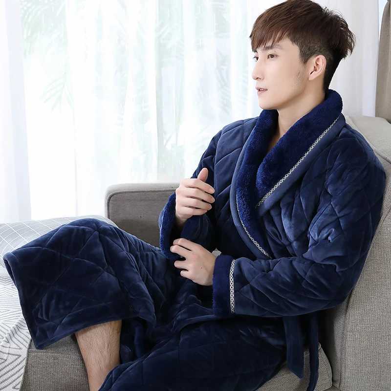 Sleep Lounge Women's Winter Long Robe For Male Three Layers Quilted Bathrobe Thick Flannel Sleepwear Big Yards XXXL Kimono Bathrobes Mens Warm Lo - view 3