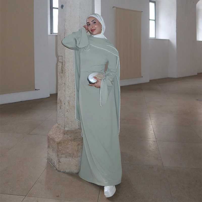 Sleep Lounge Women's White Pearl Trim Cape Maxi Dress Women Elegant Long Sleeve Cinched Waist Muslim Robes 2026 Spring EID Abaya Lady DressesC260 - view 4