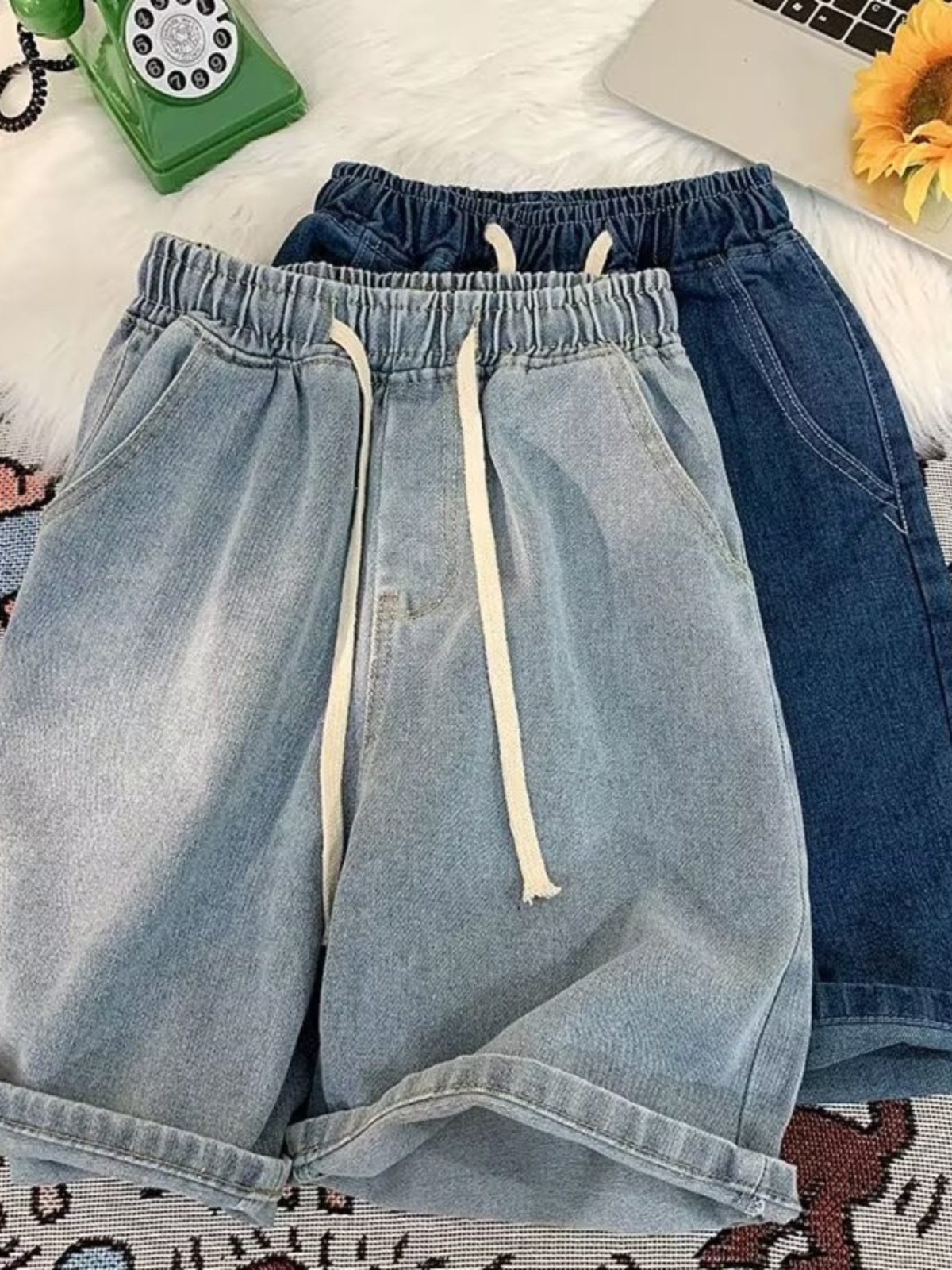 Summer Loose Fit High Waist Straight Leg Jeans Women's Thin Material Five-Quarter Length Wear Resistant Casual Shorts