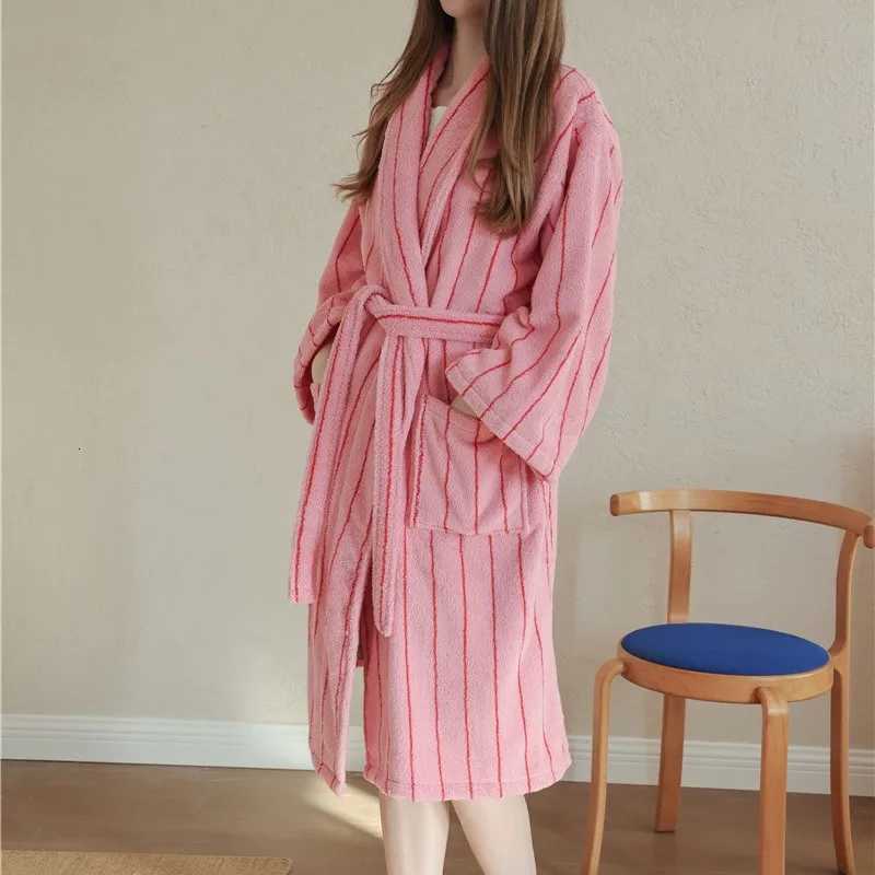 Lounge Women's Sleep Cute Striped Cotton Bathrobe Super Soft Absortion Hooded Loose bath Robe Coat Towel V Neck warm Sleepwear Robes Women Homewe - view 6