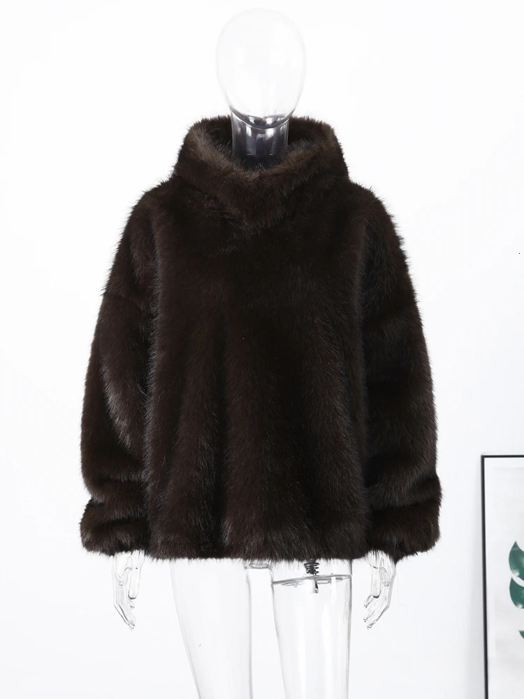 Furry Hooded Faux Fur Coats Women Loose Long Sleeve Warm Brown Pullovers 2026 Autumn Winter Lady Street Fashion Outwear 260922 - view 5