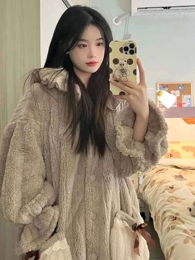 Lounge Women's Sleep Women's Winter Bathrobe Hooded Thick Warm Ladies Flannel Dressing Gown Solid Cute Korea Style Night Wear Bath Robe for  - view 6