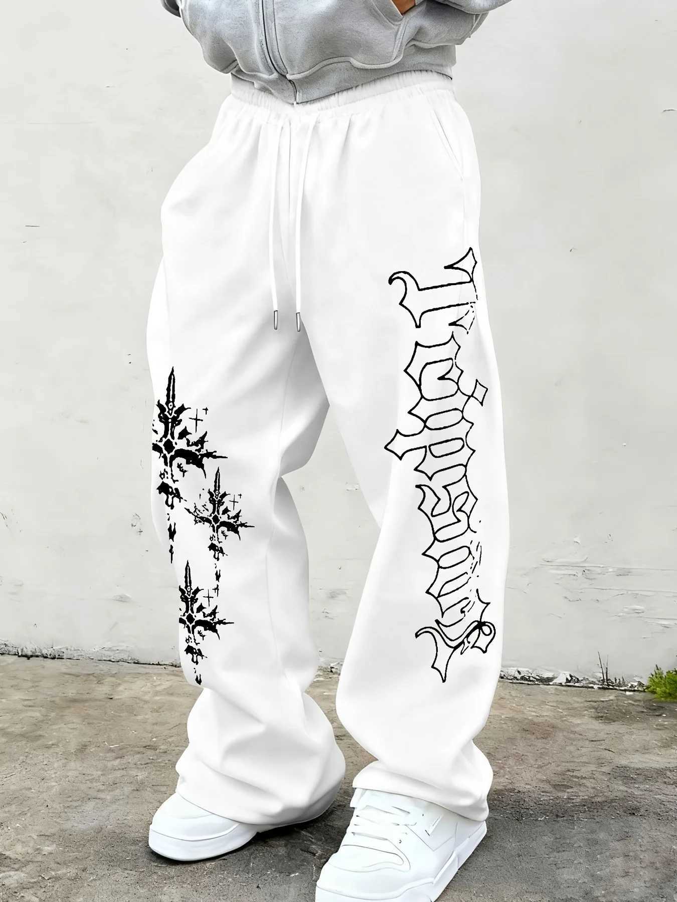 Men's Pants 2026 Men Gothic Vertical Graphic Wide Leg Sweatpants dr1 Loose Straight Baggy Y2K Dark Punk Streetwear Pants. D260924