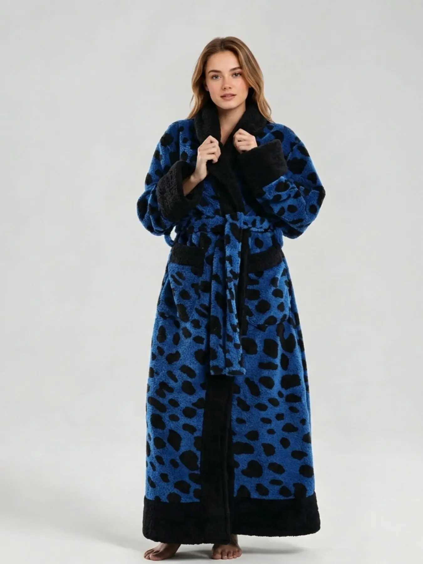 Lounge Women's Sleep Autumn Winter Leopard Print Coral Fleece Robe Sleepwear Thicken Flannel Bathrobe Nightwear Loose Casual Homewear LoungewearC - view 5