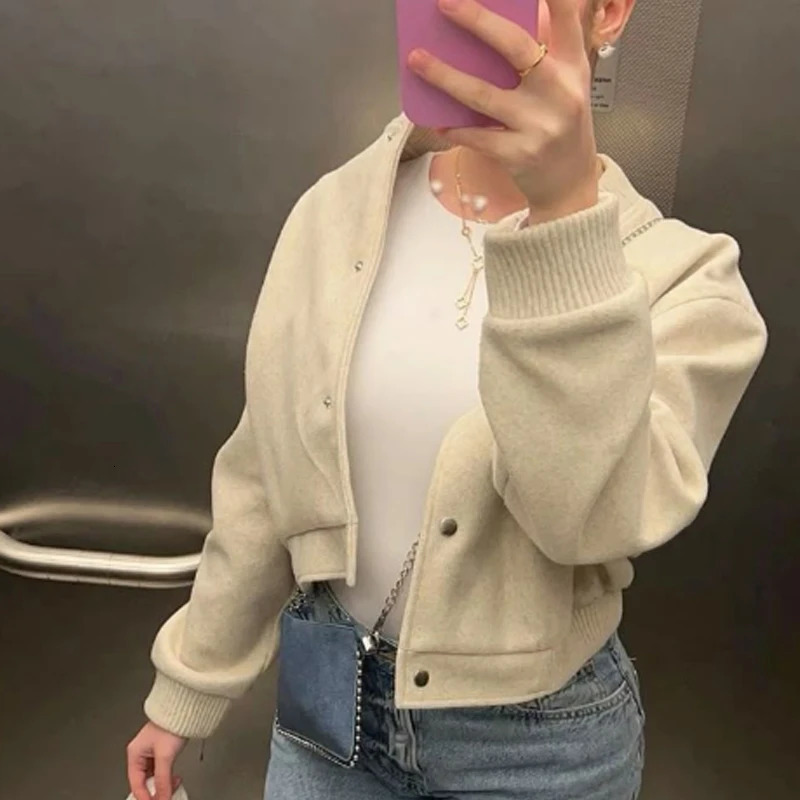 HXAO DemiSeason Women's Bomber Jacket Faux Wool Coats Cropped Long Sleeve Woman Outerwear Button 260920 - view 3