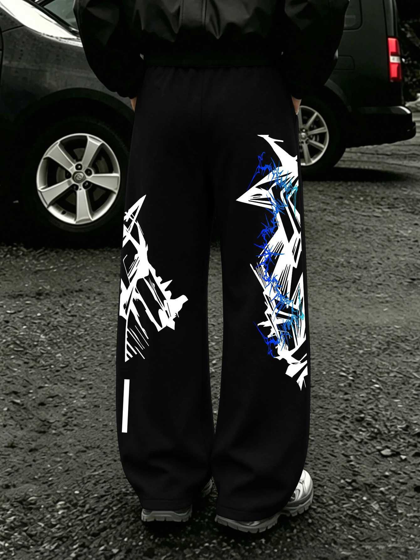 Men's Pants Y2K Abstract Blue Graffiti Geometric Print Mens Baggy Wide Leg Sweat Pants Loose Straight dr1 Hip Hop Street Joggers D260924 - view 5