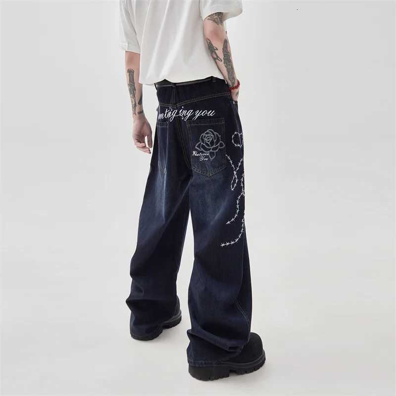 Men's Jeans High Street Fashion Wide Leg Flared Jean For Men Goth Letter Rose Embroidered Y2K Baggy Jeans Hip Hop Vintage Denim Curved Pants H260 - view 3