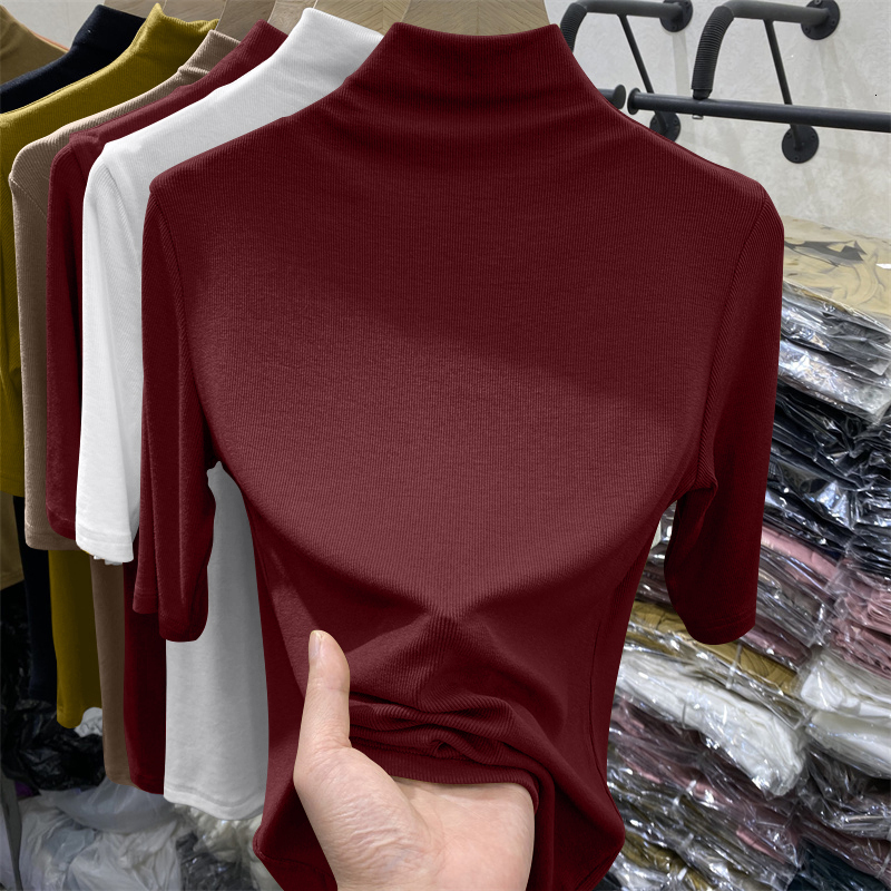 Slim Fit Half High Collar Short Sleeve Women's T-Shirt Inner Wear Base Shirt Top Trendy Commute Spring Summer Fashion plus Size - view 4