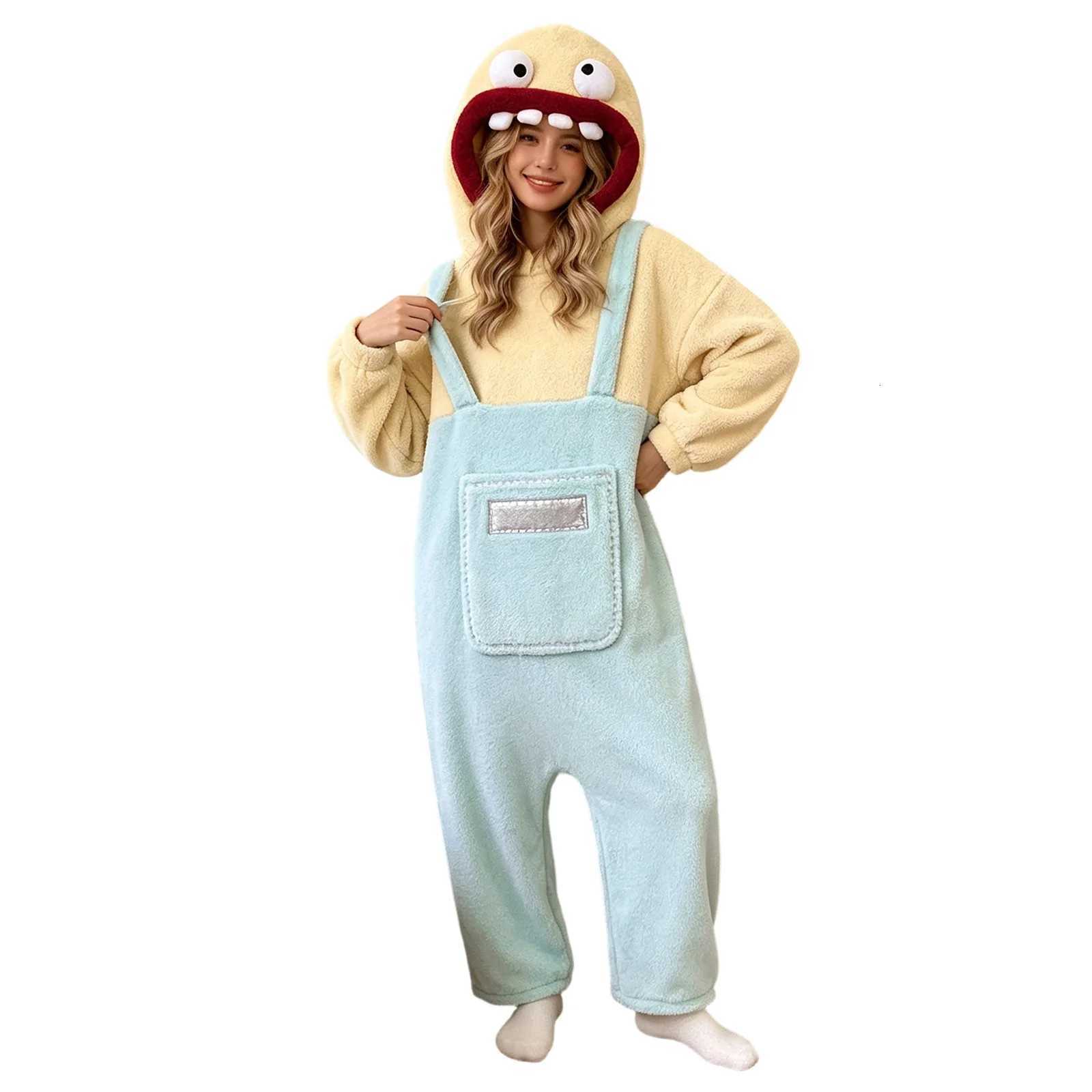 Lounge Women's Sleep Cute Funny Big Mouth Monster Onesie Pajamas Cartoon Sleepwear Autumn Winter Coral Fleece Homewear For Men Women Home Loungew - view 4