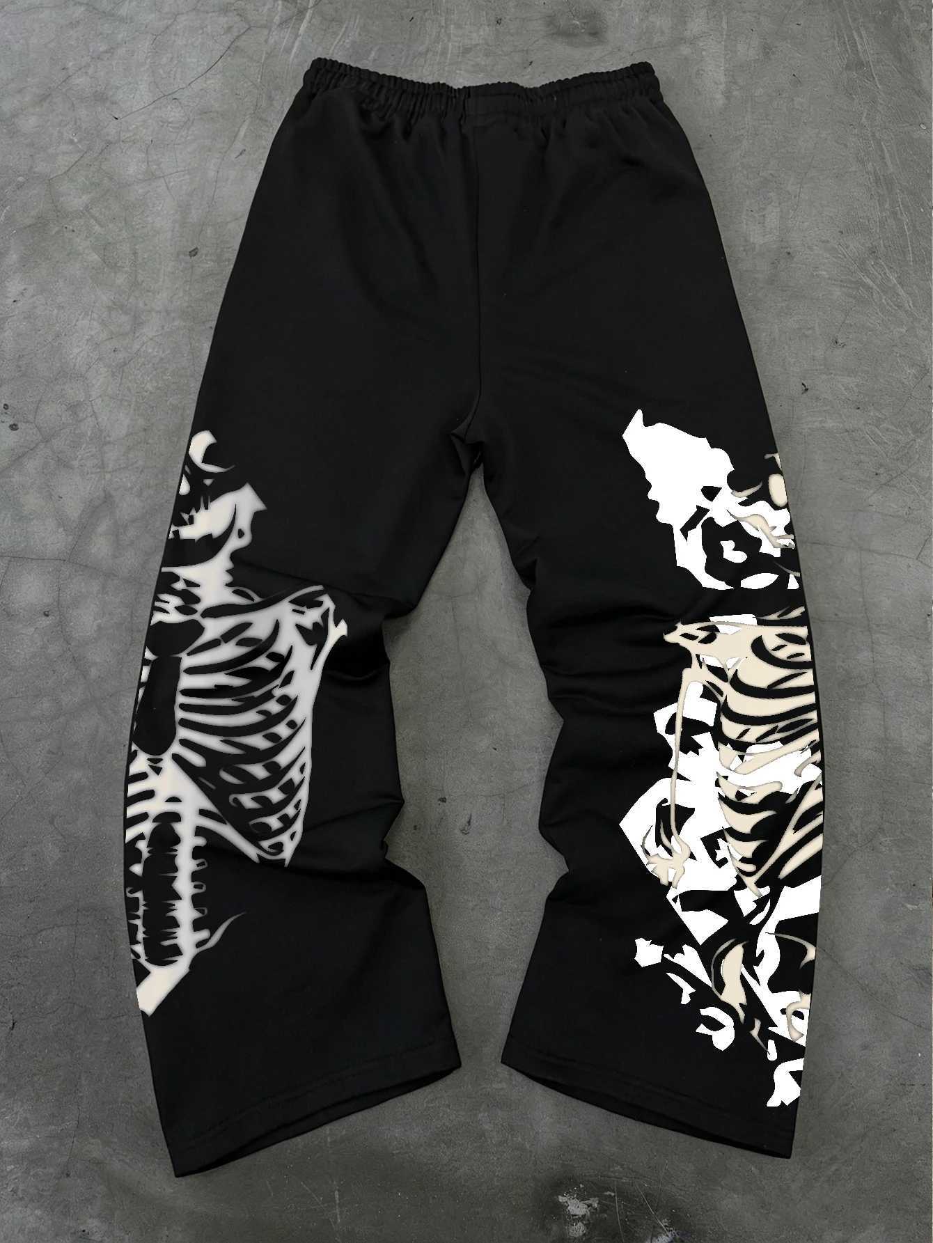 Men's Pants Men Skeleton Ribcage Graphic Wide Leg Sweatpants dr1 Loose Straight Baggy Gothic Streetwear Jogger Pants Black Grey D260924 - view 7