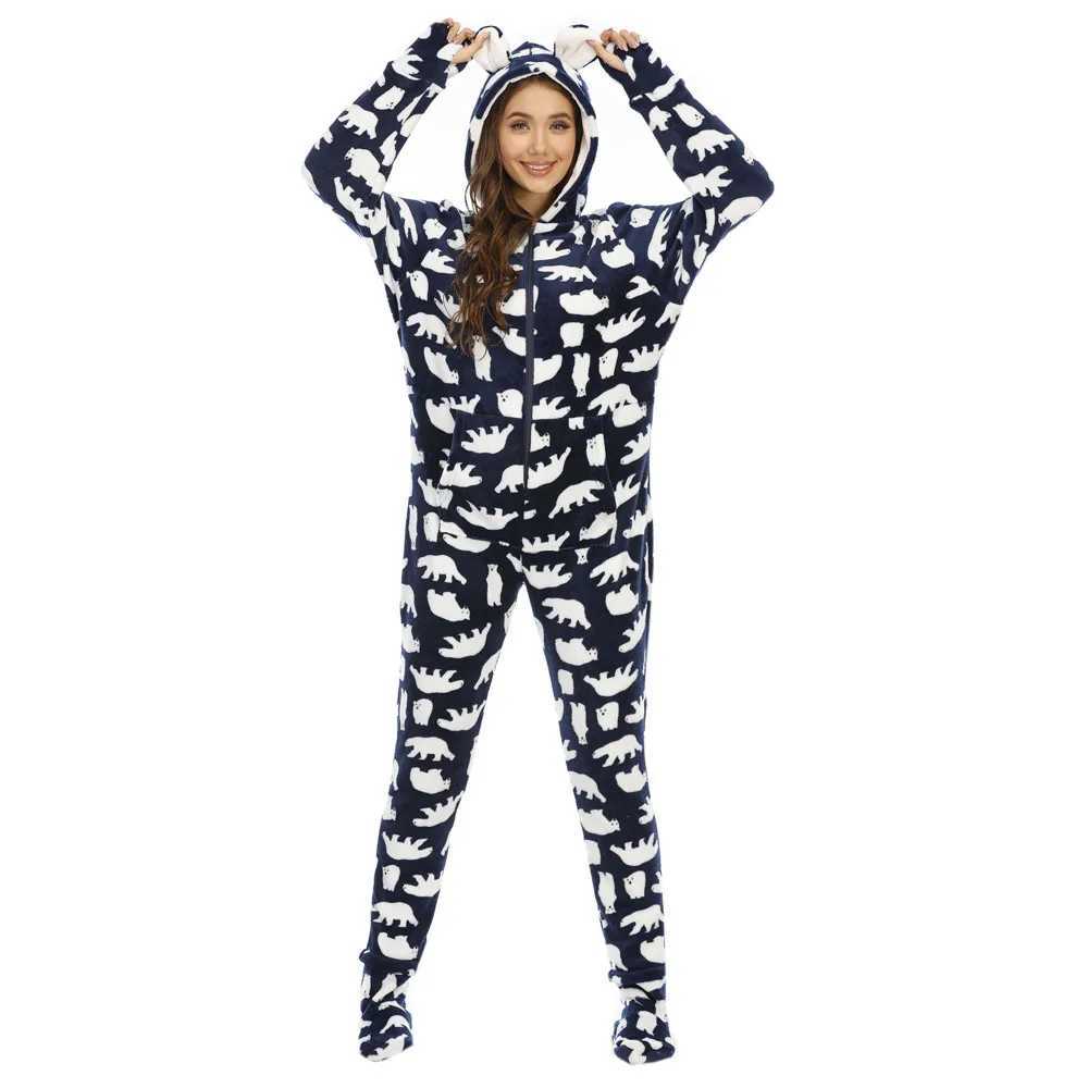 Lounge Women's Sleep Women Fleece Printed Footed Hooded Onesie Abdl One Piece Sleeper Jumpsuit Adult PajamasC260924 - view 7
