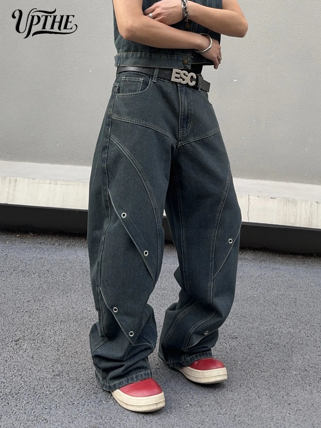 UP.THE Men Dark Raw Denim Baggy Wide Leg Jeans Y2K Oversized Loose Curved Spliced Eyelet Denim Pants Industrial Streetwear Trousers for Daily Outfits  - view 7