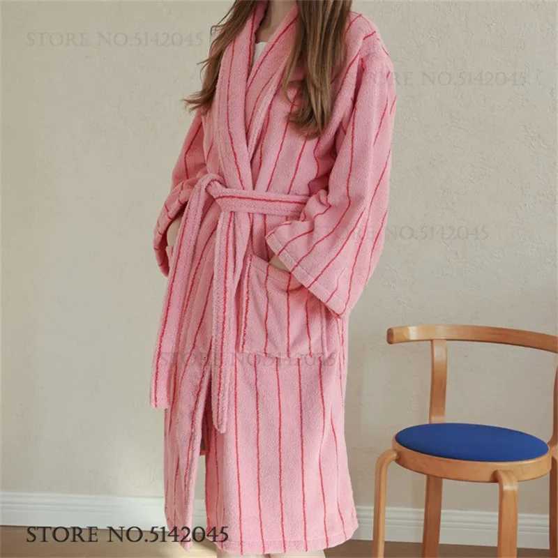 Sleep Lounge Women's Cotton Terry Bathrobe Women's Long Robe Kimono Gown Thicken Stripes Towel Sleepwear Homewear with Pocket Loose Loungewe - view 5