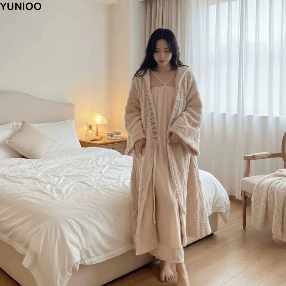 Lounge Women's Sleep Cute Flower Coral Fleece Sleepwear Plush Thick Warm Flannel Long Sleeves Night-robe Winter Sweet Pajamas Robe Women GiftsC26